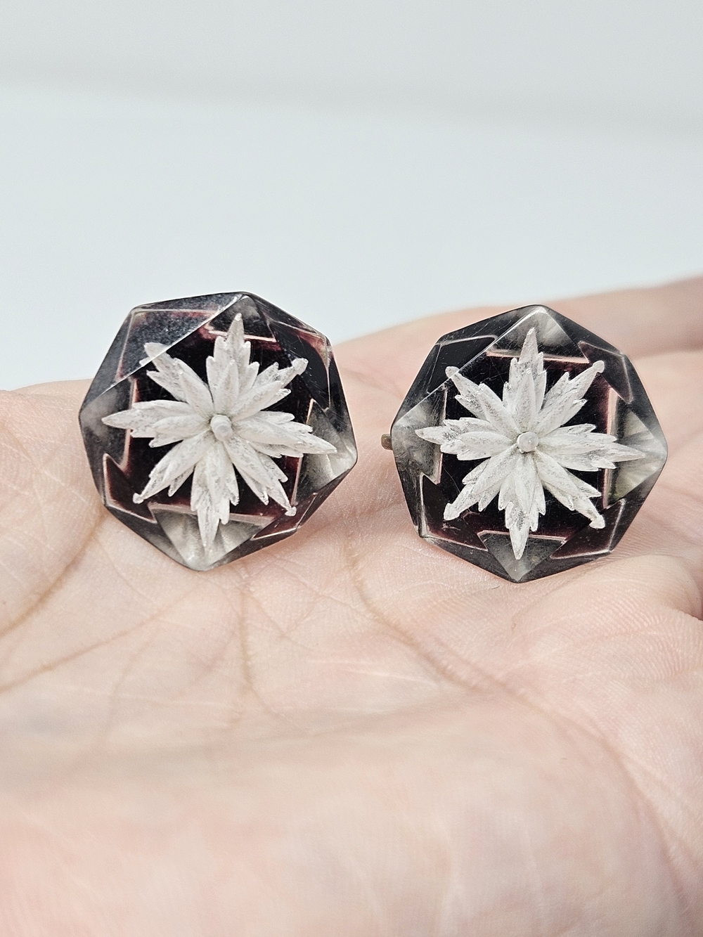 Extremely rare Vintage Reverse Carved Lucite Screwback Earrings